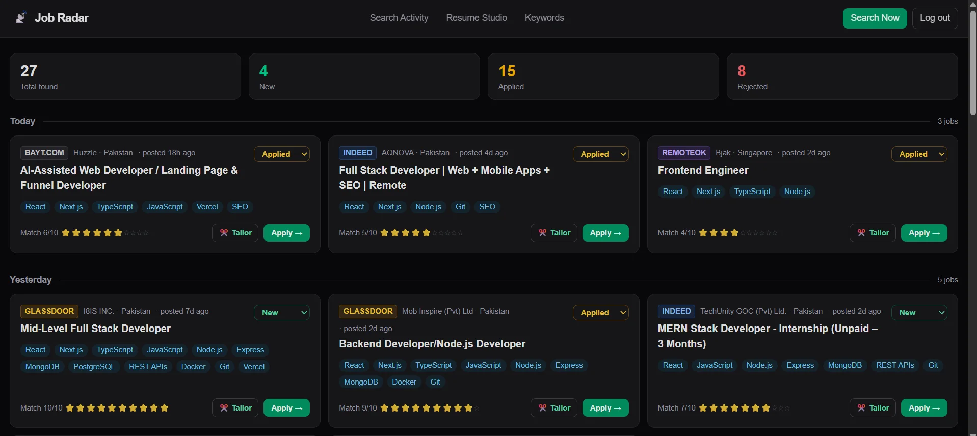 Job Radar dashboard — scored job feed with keyword manager and activity log